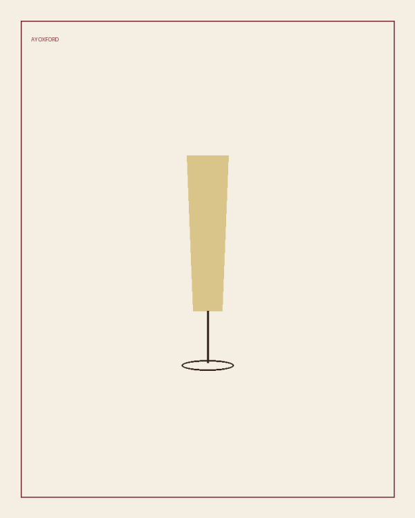 Illustrated serve for the Oxford 75: a flute of pale sparkling cocktail with a lemon twist on a warm parchment background.
